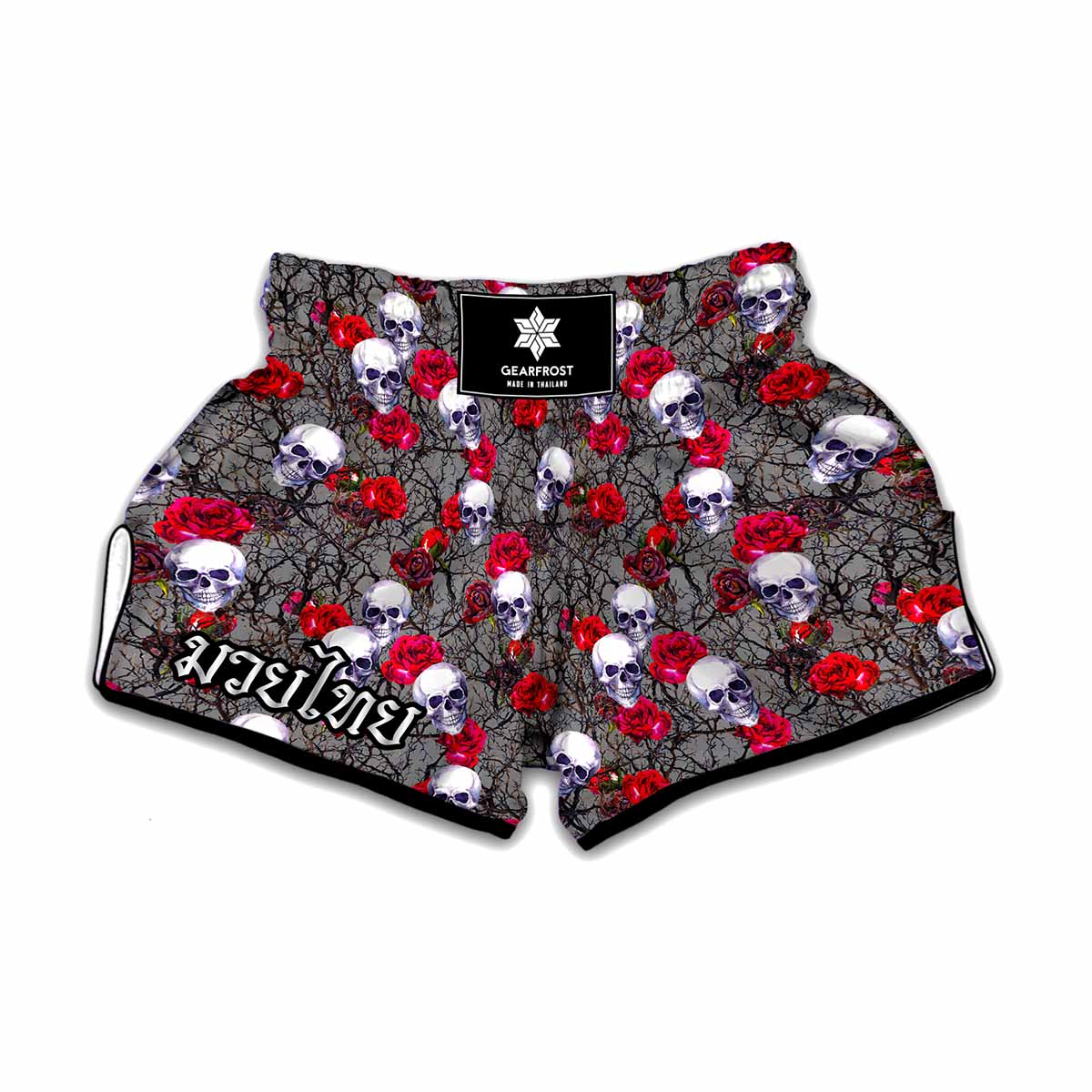 Rose Branch Skull Pattern Print Muay Thai Boxing Shorts