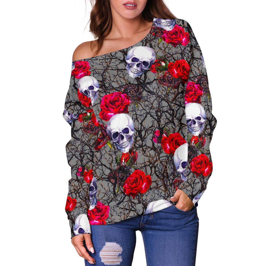 Rose Branch Skull Pattern Print Off Shoulder Sweatshirt GearFrost