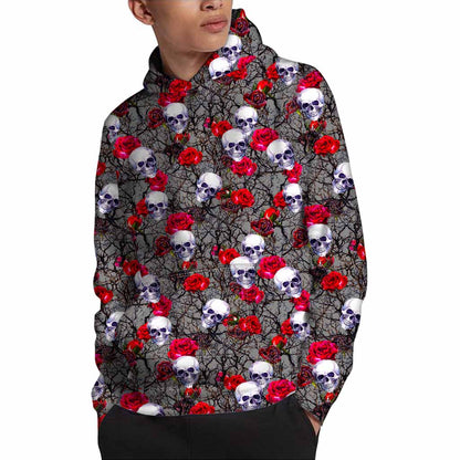 Rose Branch Skull Pattern Print Pullover Hoodie