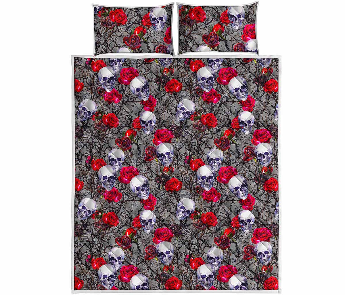 Rose Branch Skull Pattern Print Quilt Bed Set