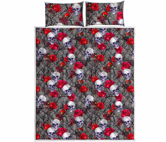 Rose Branch Skull Pattern Print Quilt Bed Set