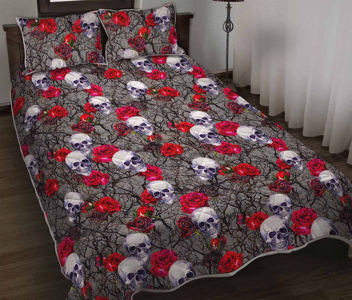 Rose Branch Skull Pattern Print Quilt Bed Set