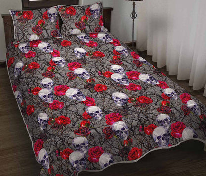 Rose Branch Skull Pattern Print Quilt Bed Set