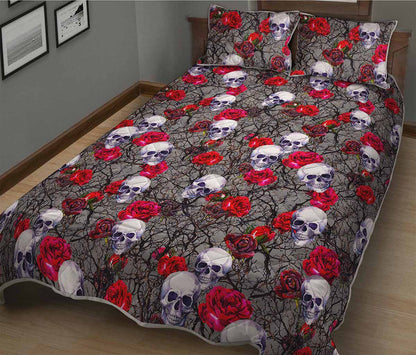 Rose Branch Skull Pattern Print Quilt Bed Set
