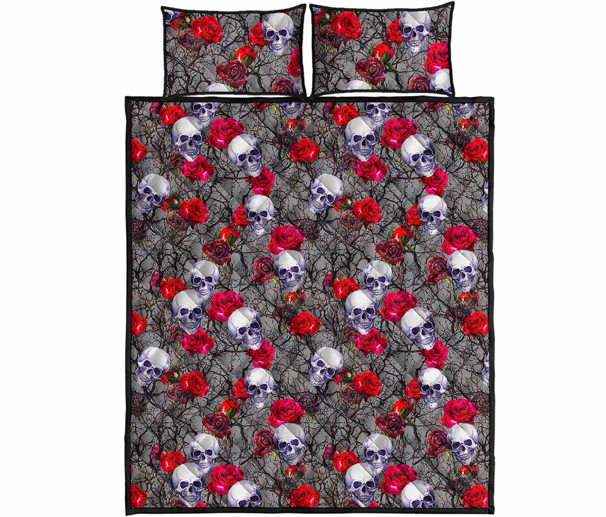Rose Branch Skull Pattern Print Quilt Bed Set