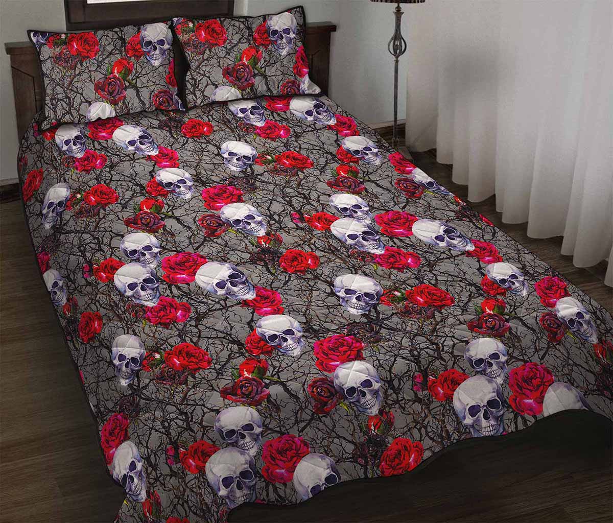 Rose Branch Skull Pattern Print Quilt Bed Set