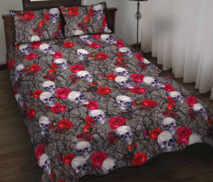 Rose Branch Skull Pattern Print Quilt Bed Set
