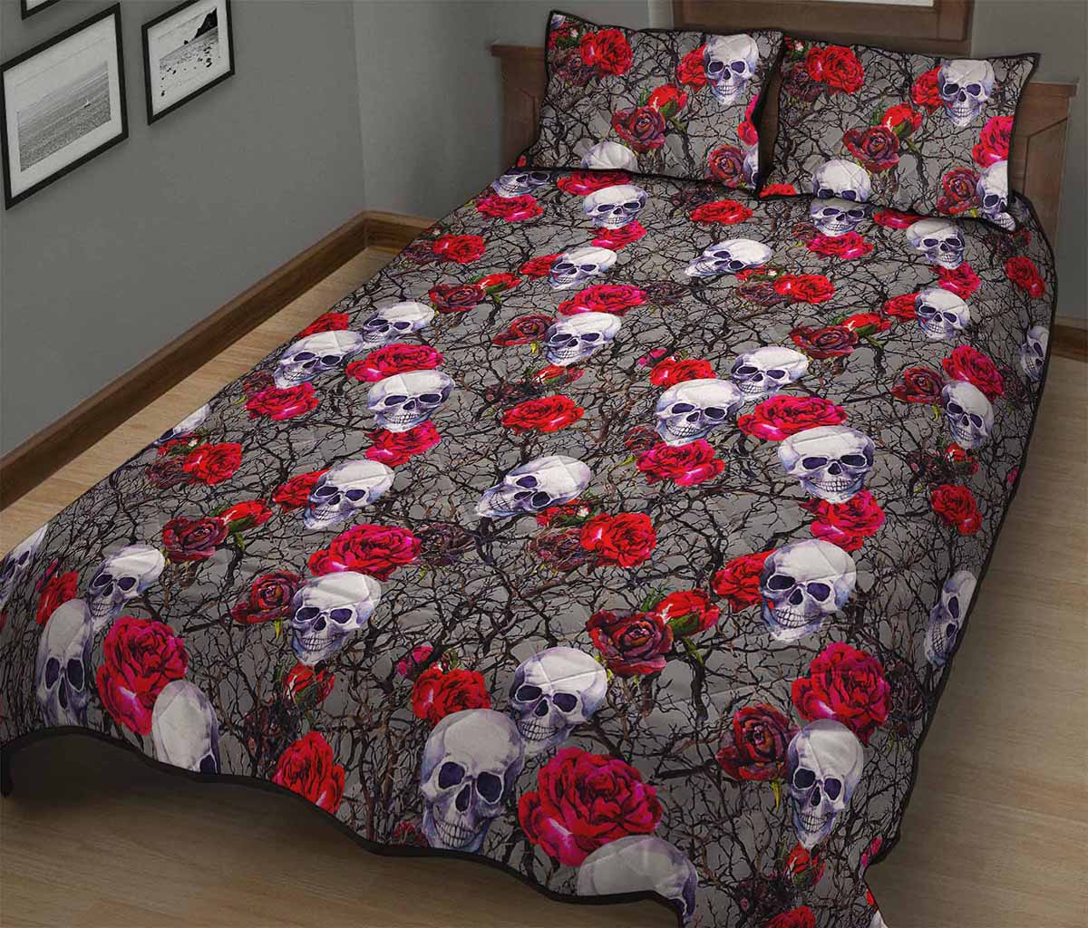 Rose Branch Skull Pattern Print Quilt Bed Set