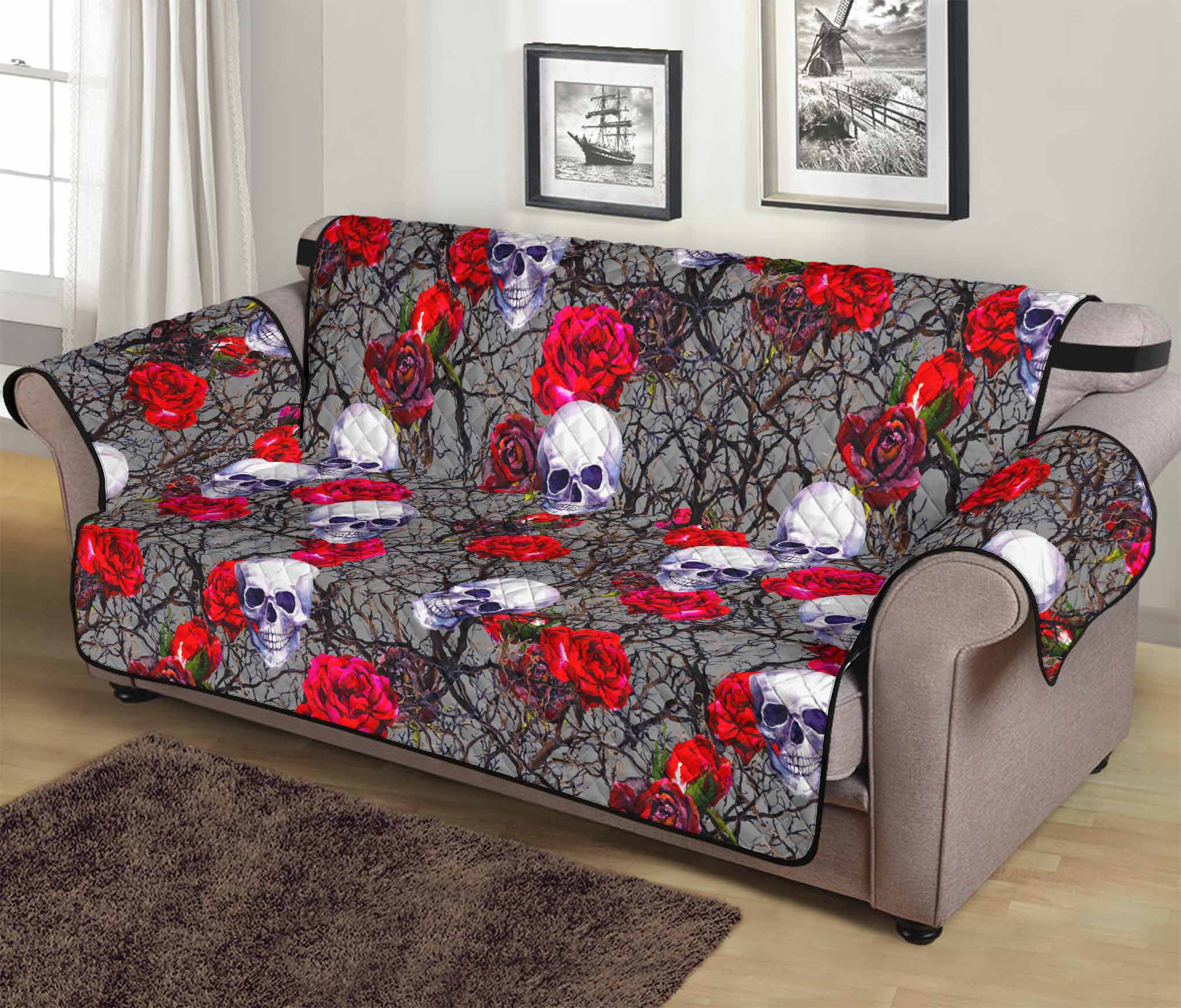 Rose Branch Skull Pattern Print Sofa Protector