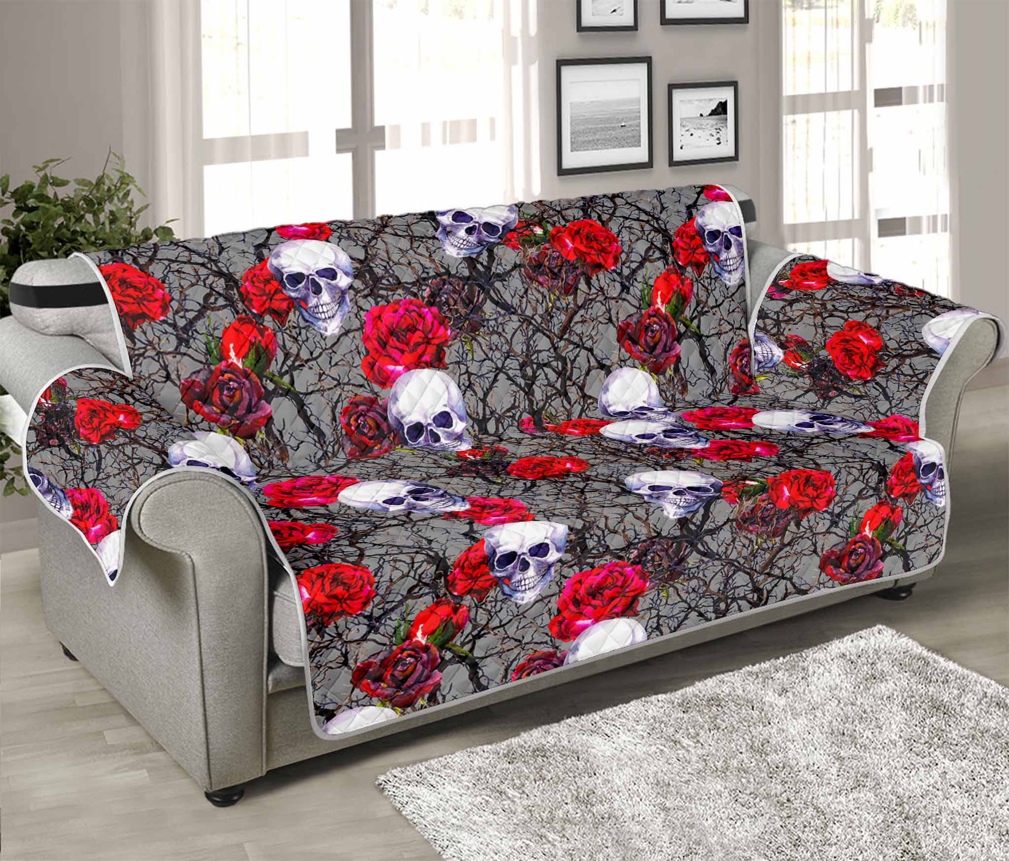 Rose Branch Skull Pattern Print Sofa Protector