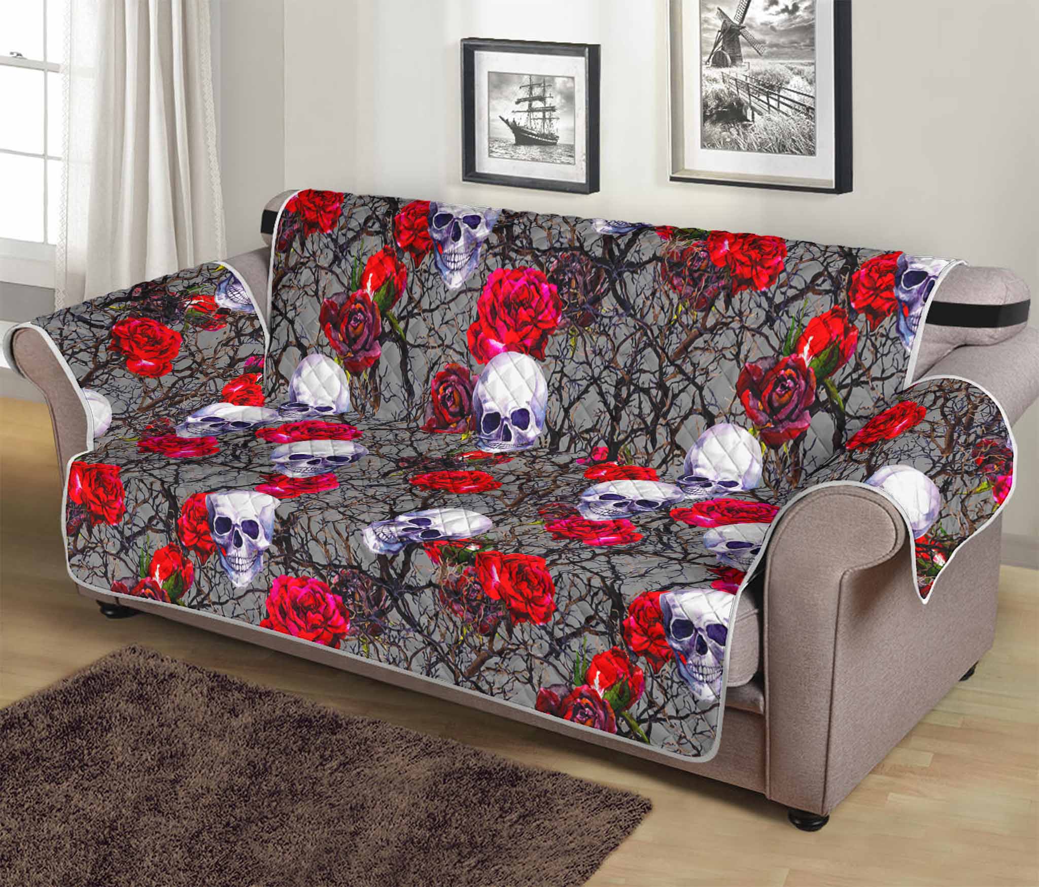 Rose Branch Skull Pattern Print Sofa Protector