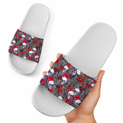 Rose Branch Skull Pattern Print White Slide Sandals