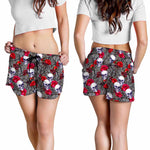 Rose Branch Skull Pattern Print Women's Shorts