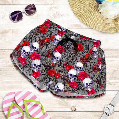 Rose Branch Skull Pattern Print Women's Shorts