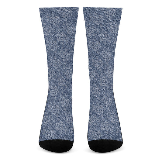 Rose Denim Jeans Pattern Print Crew Socks