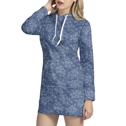 Rose Denim Jeans Pattern Print Hoodie Dress