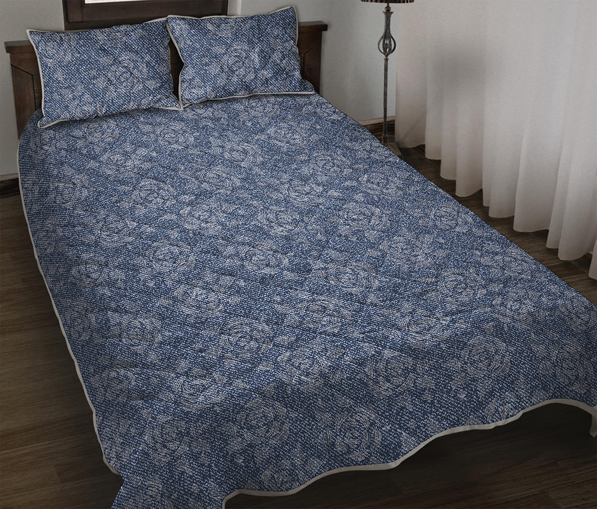 Rose Denim Jeans Pattern Print Quilt Bed Set