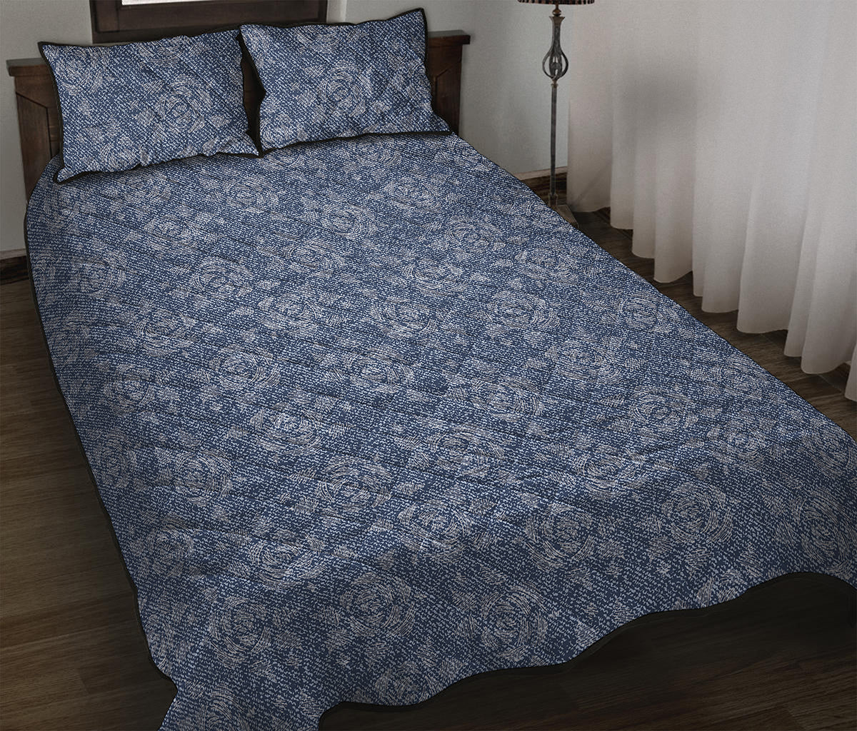 Rose Denim Jeans Pattern Print Quilt Bed Set