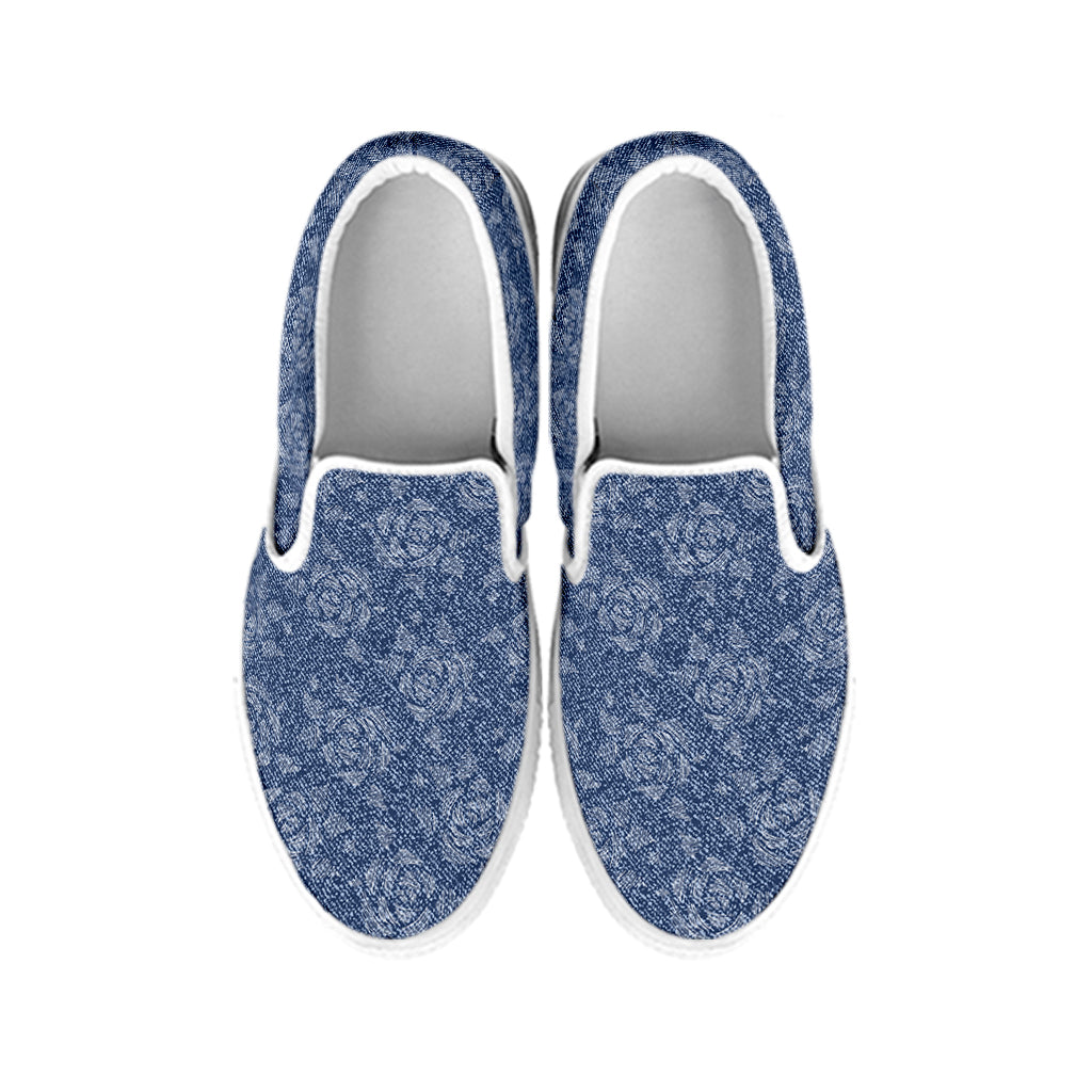 Rose Denim Jeans Pattern Print White Slip On Shoes