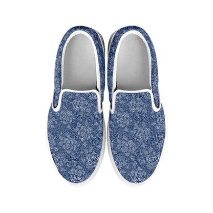 Rose Denim Jeans Pattern Print White Slip On Shoes