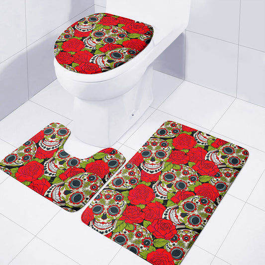 Rose Floral Sugar Skull Pattern Print 3 Piece Bath Mat Set