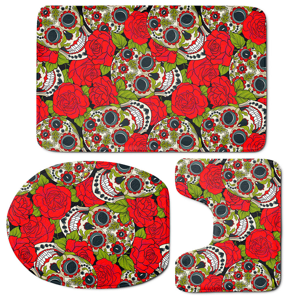 Rose Floral Sugar Skull Pattern Print 3 Piece Bath Mat Set