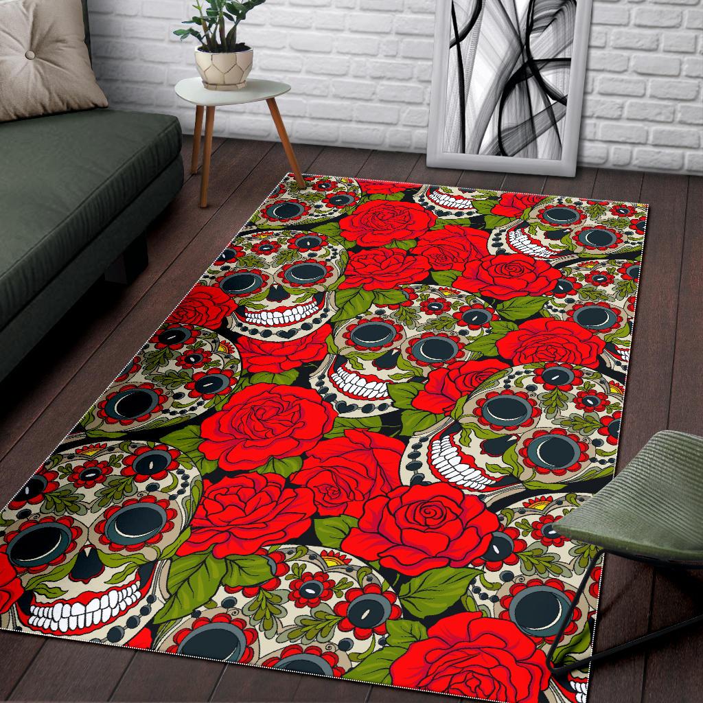 Rose Floral Sugar Skull Pattern Print Area Rug GearFrost