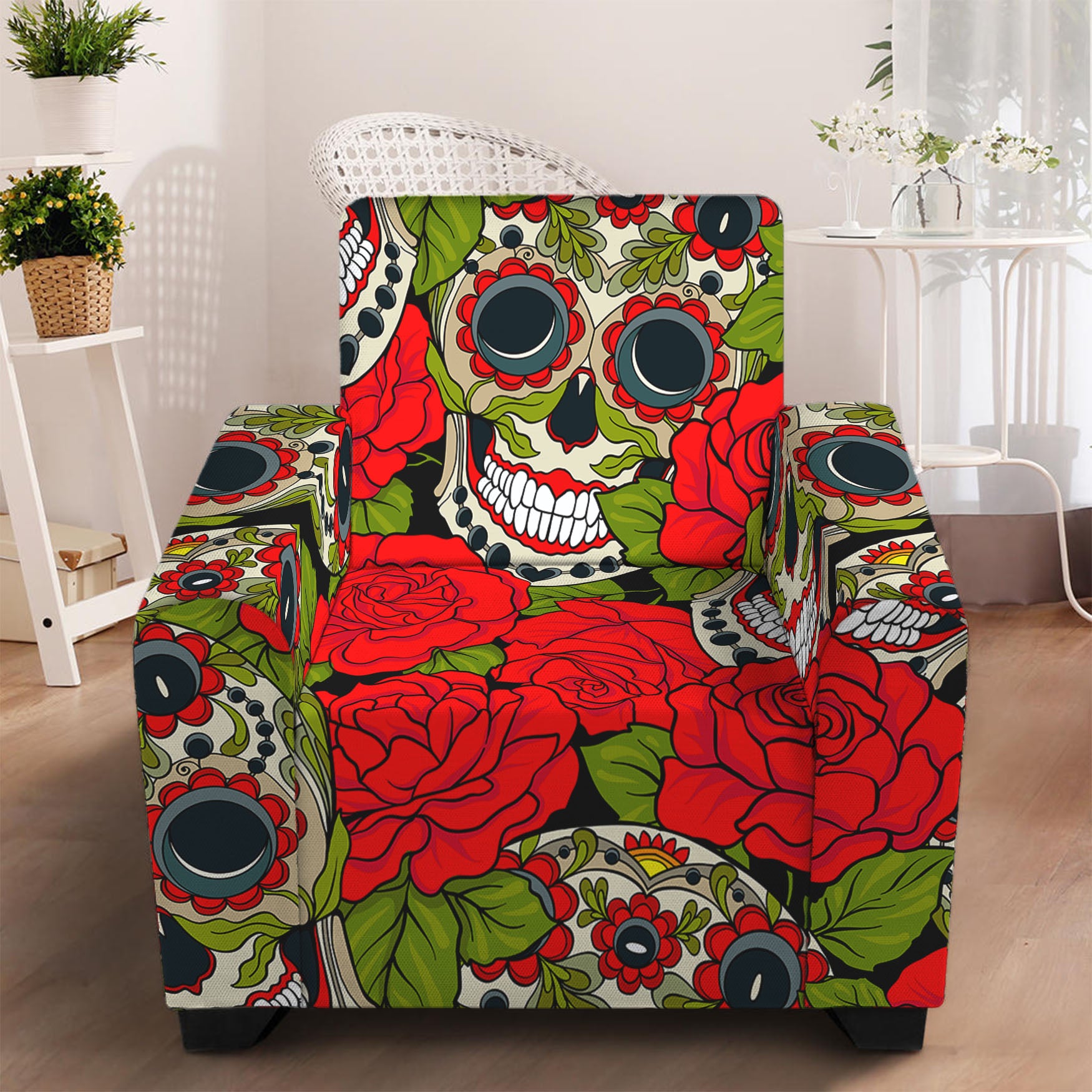 Rose Floral Sugar Skull Pattern Print Armchair Slipcover