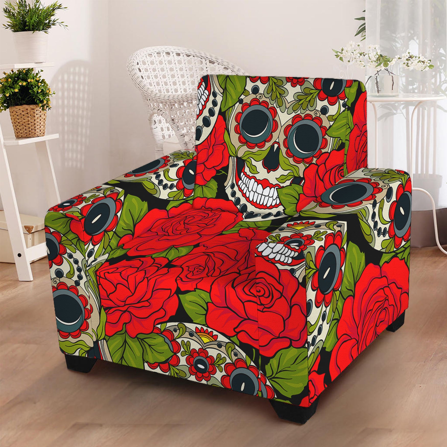 Rose Floral Sugar Skull Pattern Print Armchair Slipcover