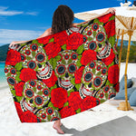 Rose Floral Sugar Skull Pattern Print Beach Sarong Wrap