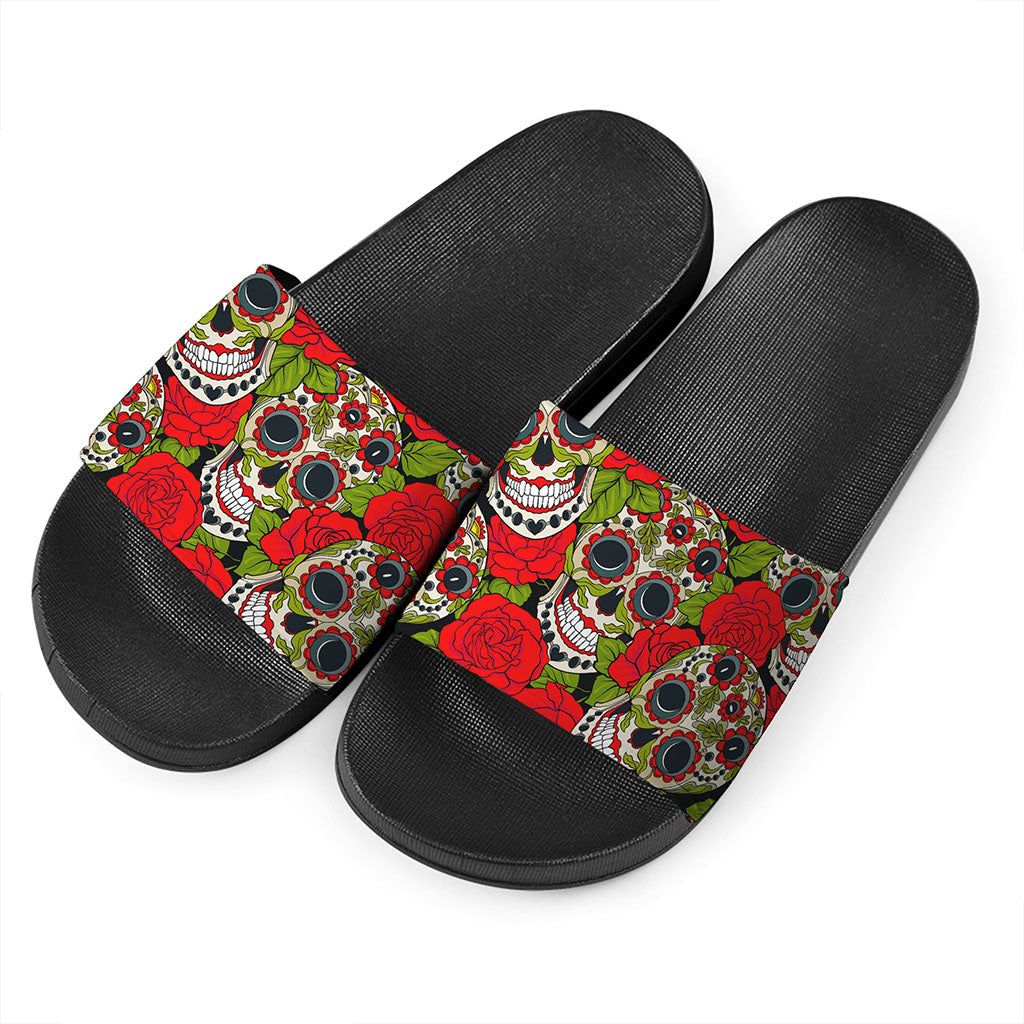 Rose Floral Sugar Skull Pattern Print Black Slide Sandals