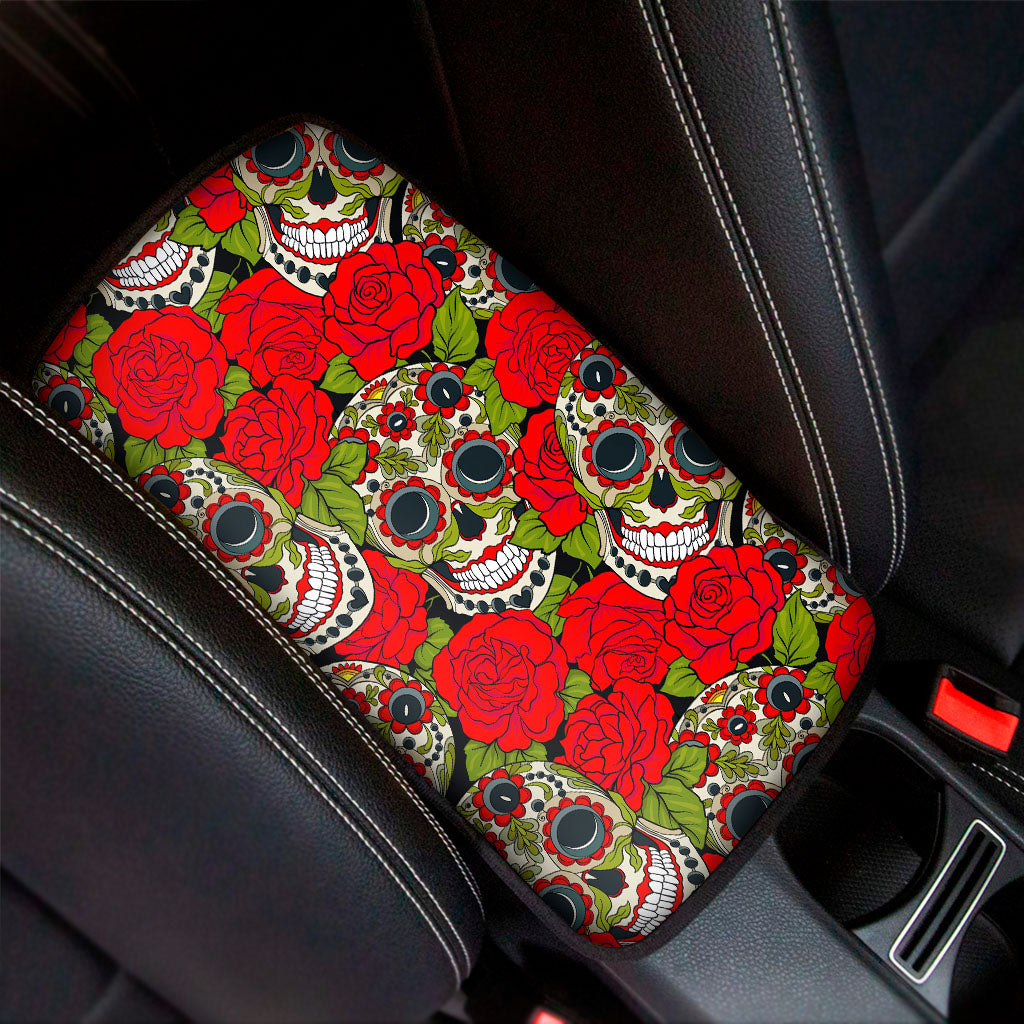 Rose Floral Sugar Skull Pattern Print Car Center Console Cover