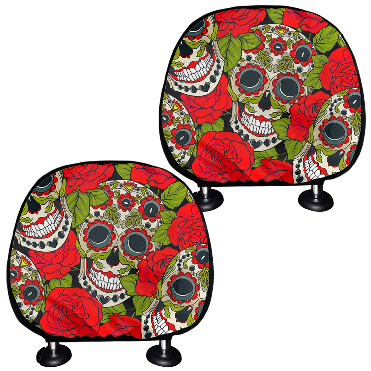 Rose Floral Sugar Skull Pattern Print Car Headrest Covers