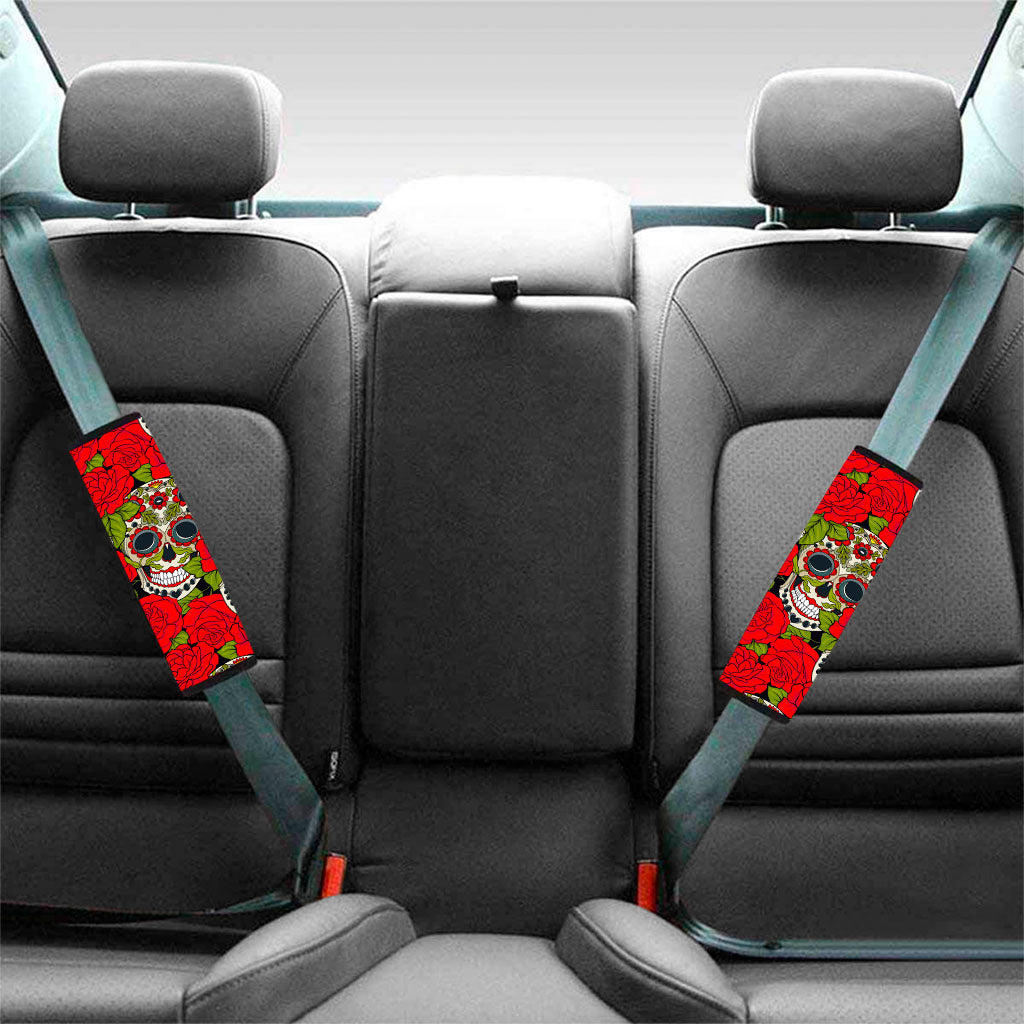 Rose Floral Sugar Skull Pattern Print Car Seat Belt Covers