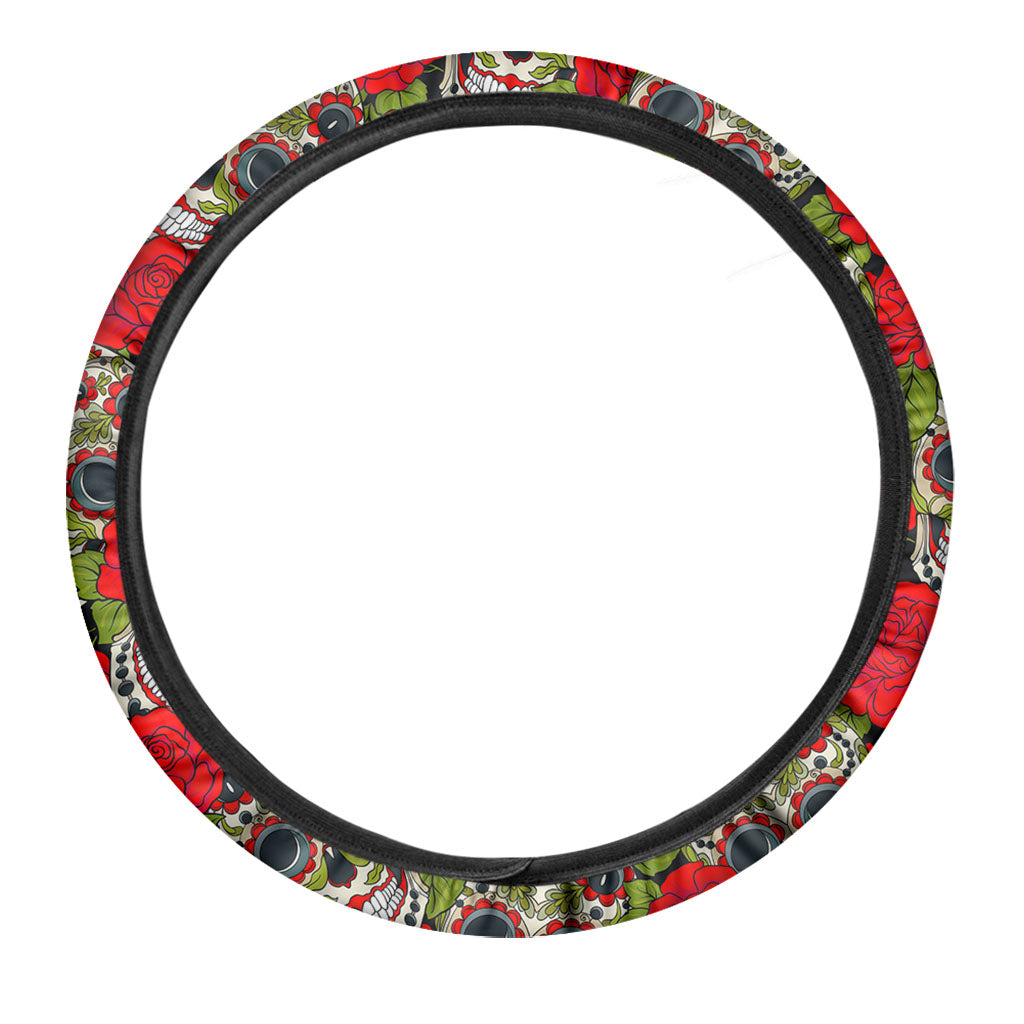 Rose Floral Sugar Skull Pattern Print Car Steering Wheel Cover