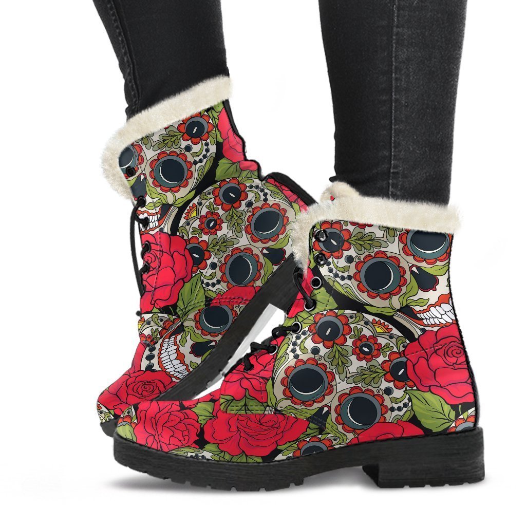 Rose Floral Sugar Skull Pattern Print Comfy Boots GearFrost
