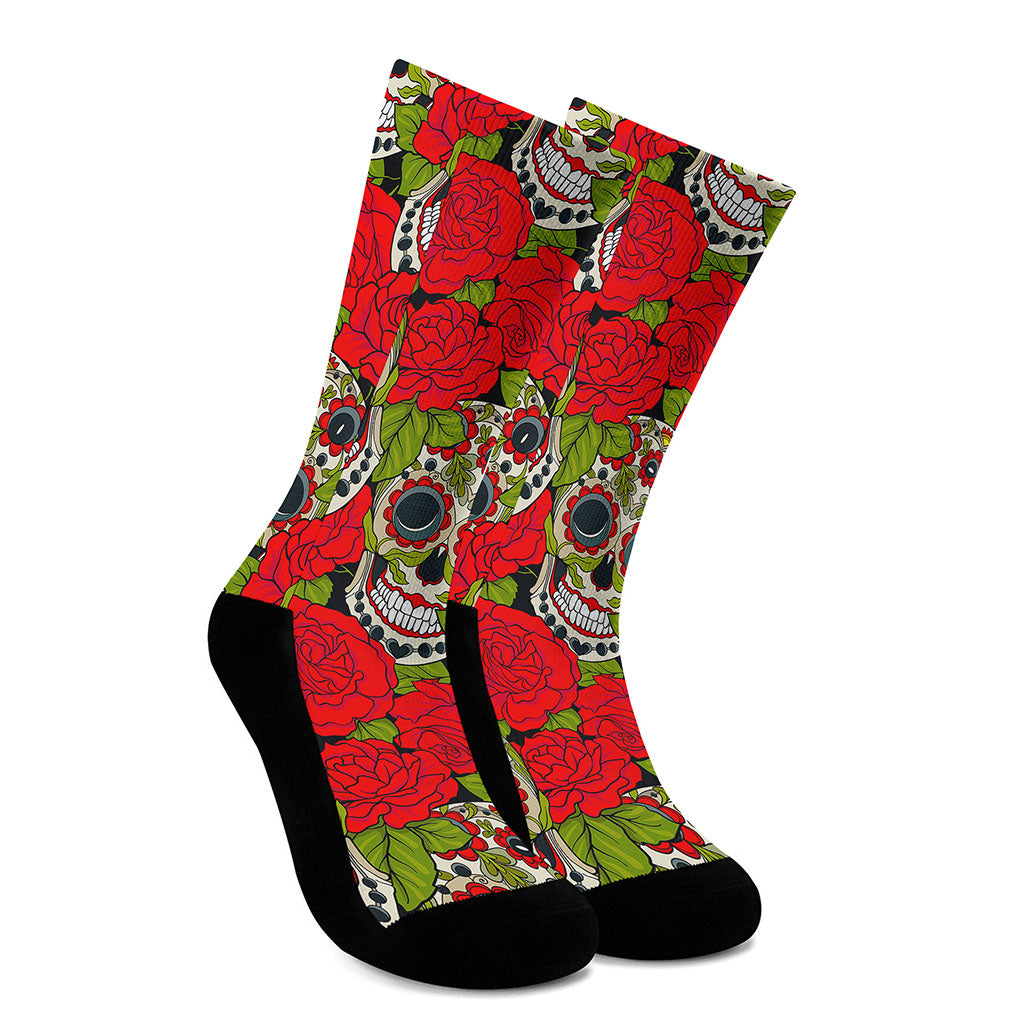 Rose Floral Sugar Skull Pattern Print Crew Socks