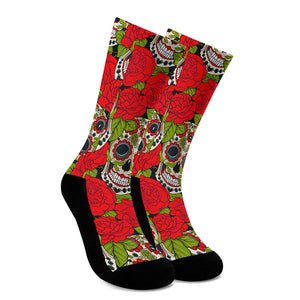 Rose Floral Sugar Skull Pattern Print Crew Socks