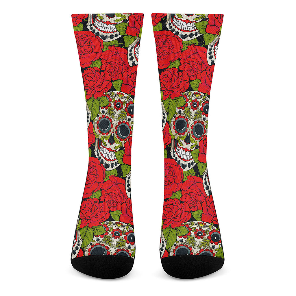 Rose Floral Sugar Skull Pattern Print Crew Socks