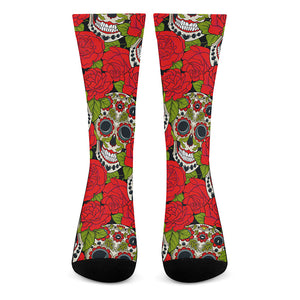 Rose Floral Sugar Skull Pattern Print Crew Socks