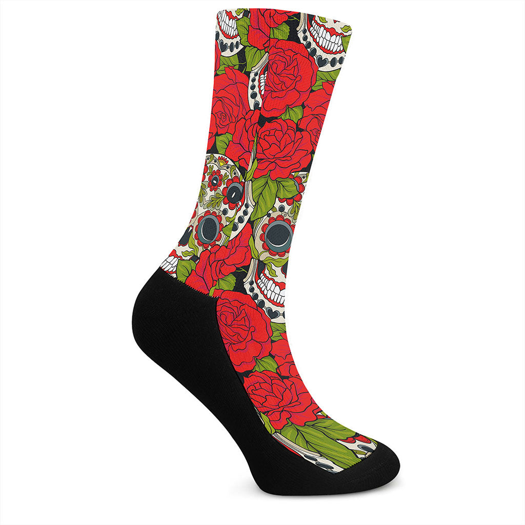 Rose Floral Sugar Skull Pattern Print Crew Socks