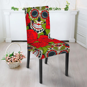 Rose Floral Sugar Skull Pattern Print Dining Chair Slipcover