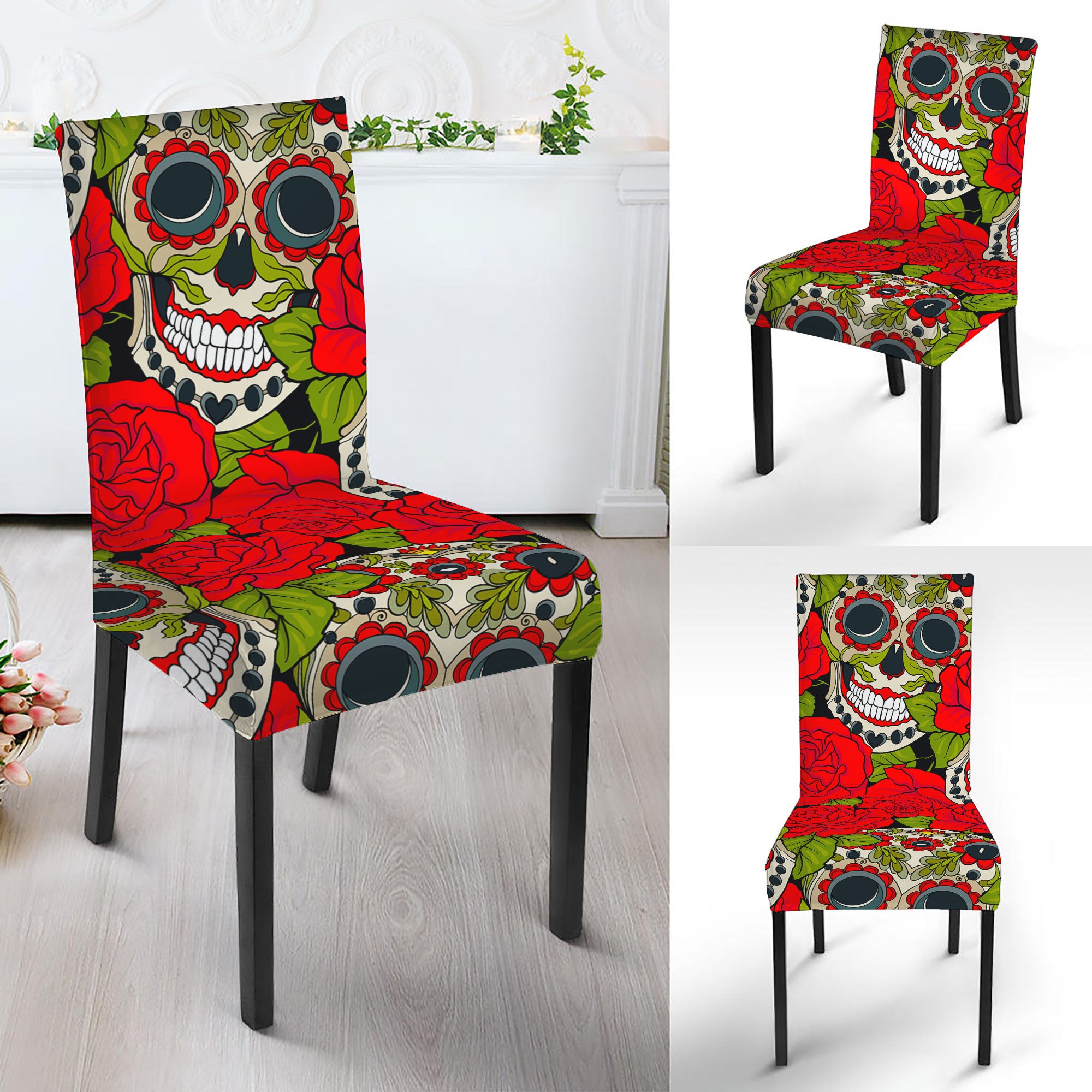 Rose Floral Sugar Skull Pattern Print Dining Chair Slipcover