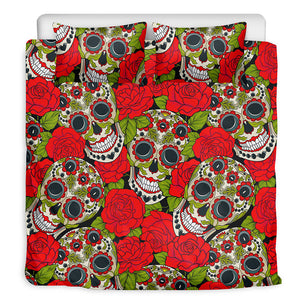 Rose Floral Sugar Skull Pattern Print Duvet Cover Bedding Set