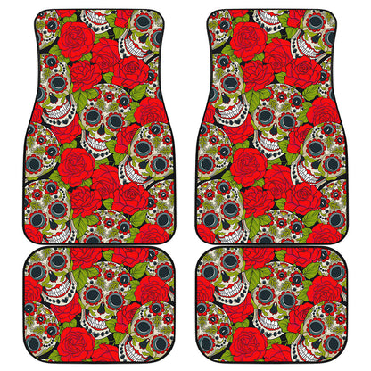 Rose Floral Sugar Skull Pattern Print Front and Back Car Floor Mats