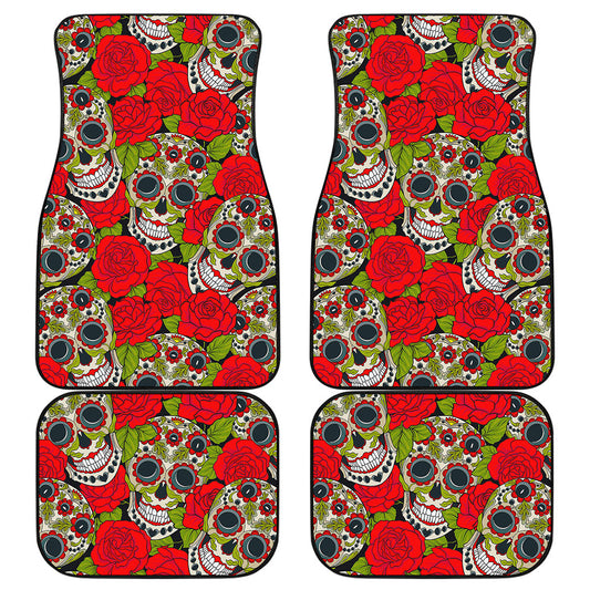 Rose Floral Sugar Skull Pattern Print Front and Back Car Floor Mats
