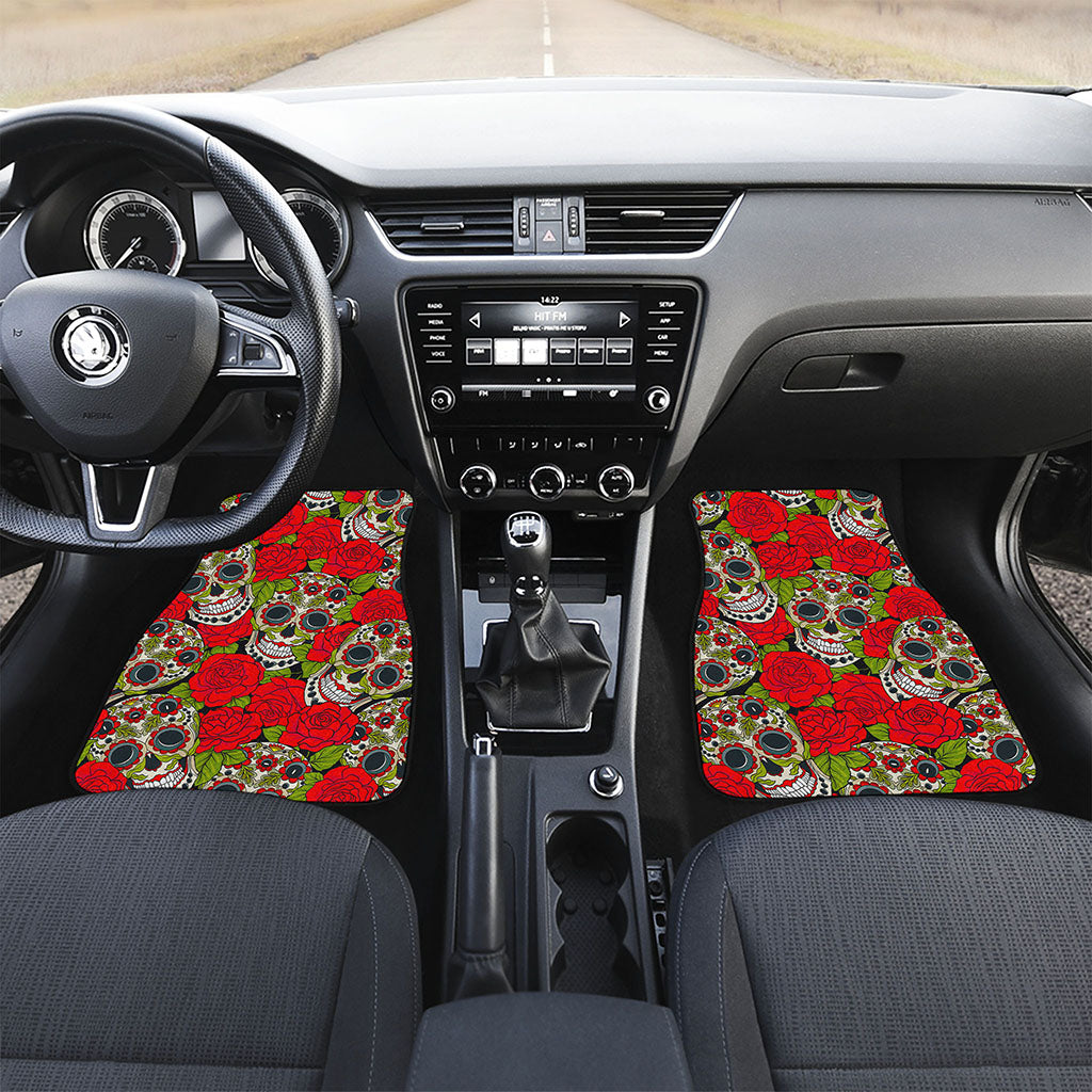 Rose Floral Sugar Skull Pattern Print Front and Back Car Floor Mats