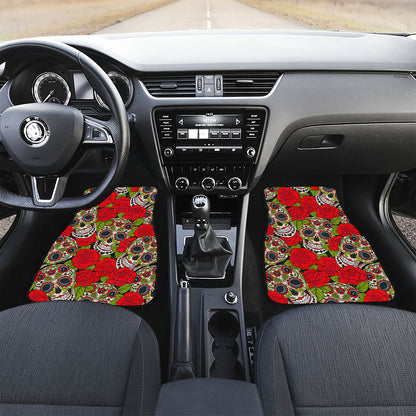 Rose Floral Sugar Skull Pattern Print Front and Back Car Floor Mats