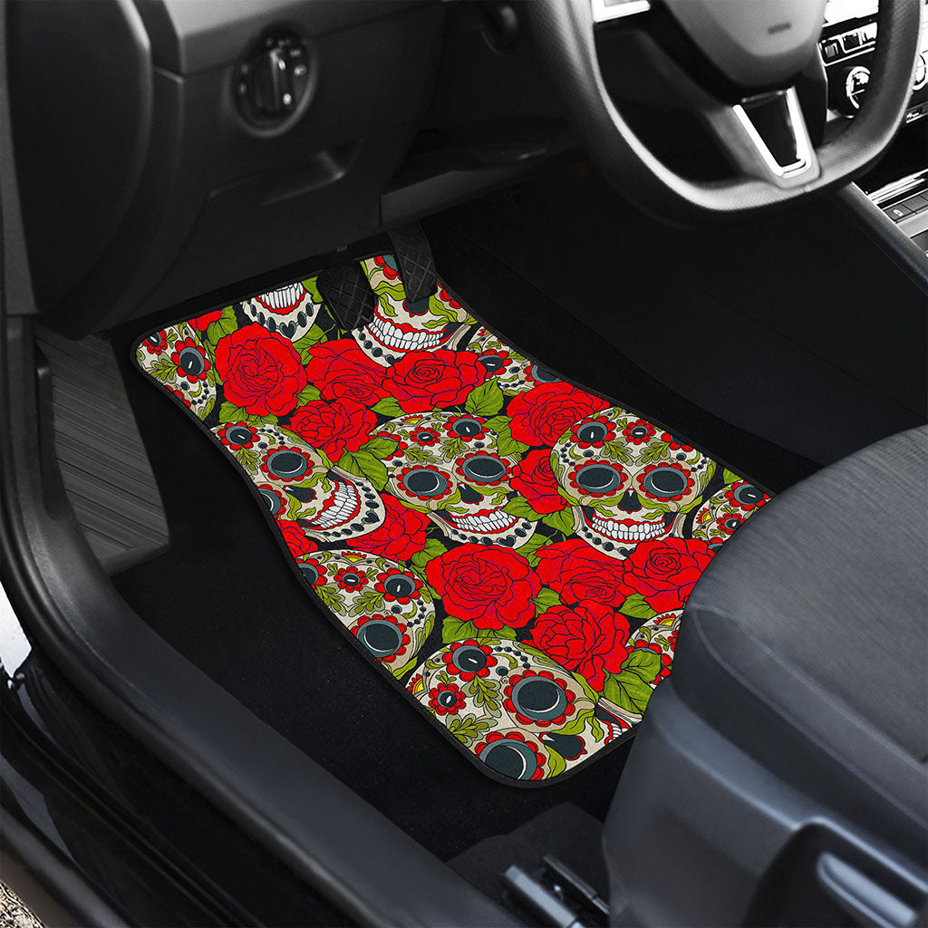 Rose Floral Sugar Skull Pattern Print Front and Back Car Floor Mats