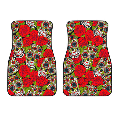 Rose Floral Sugar Skull Pattern Print Front Car Floor Mats